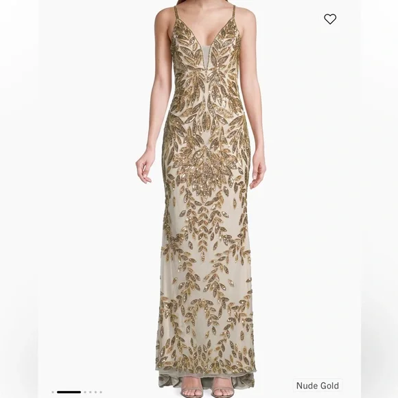 Mac Duggal Women's Leaf Sequined Sheath Gown - Nude Gold - Size 4 Mac Duggal Women's Leaf Sequined Sheath Gown - Nude Gold - Size 4